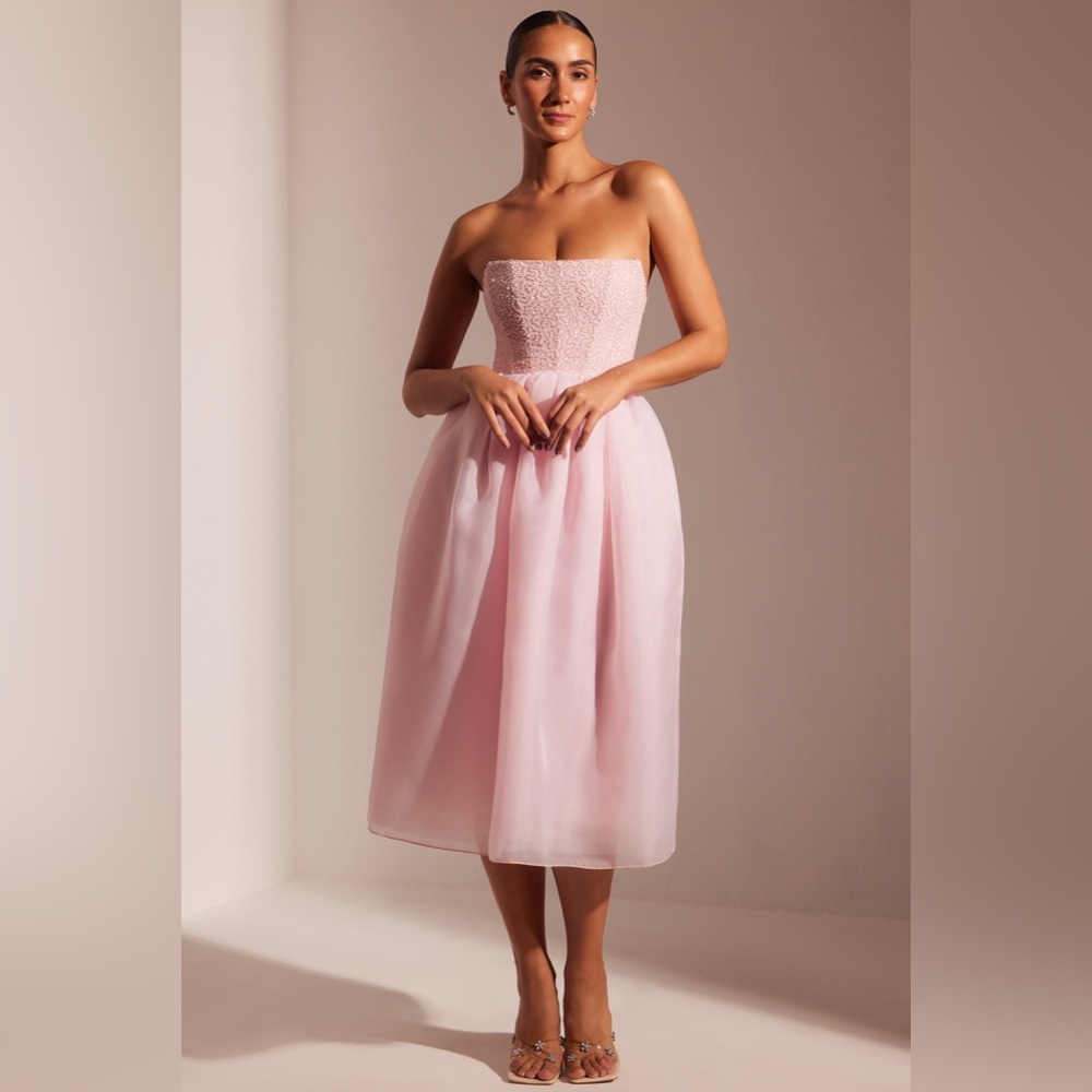 NWT Oh Polly Rosette Embellished Corset Tulle Skirt Midi Dress in Blush - Picture 8 of 10
